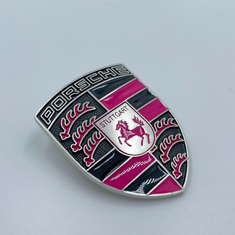 PORSCHE refinished custom color hood crest Ruby Pink & Black